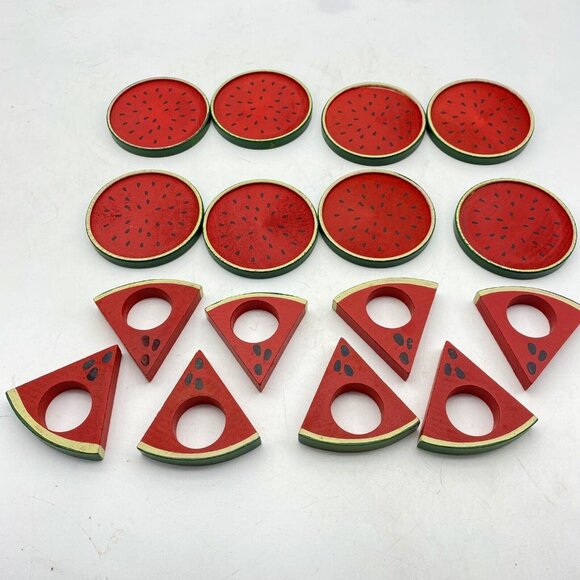 Vtg Watermelon Napkin Rings & Coasters Set 8 Each Summer Picnic Party Farrmhouse - Picture 1 of 9